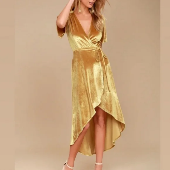 Lulus | Dresses | Lulus Velvet Highlow Wrap Dress Women Golden Yellow Short  Sleeve | Poshmark